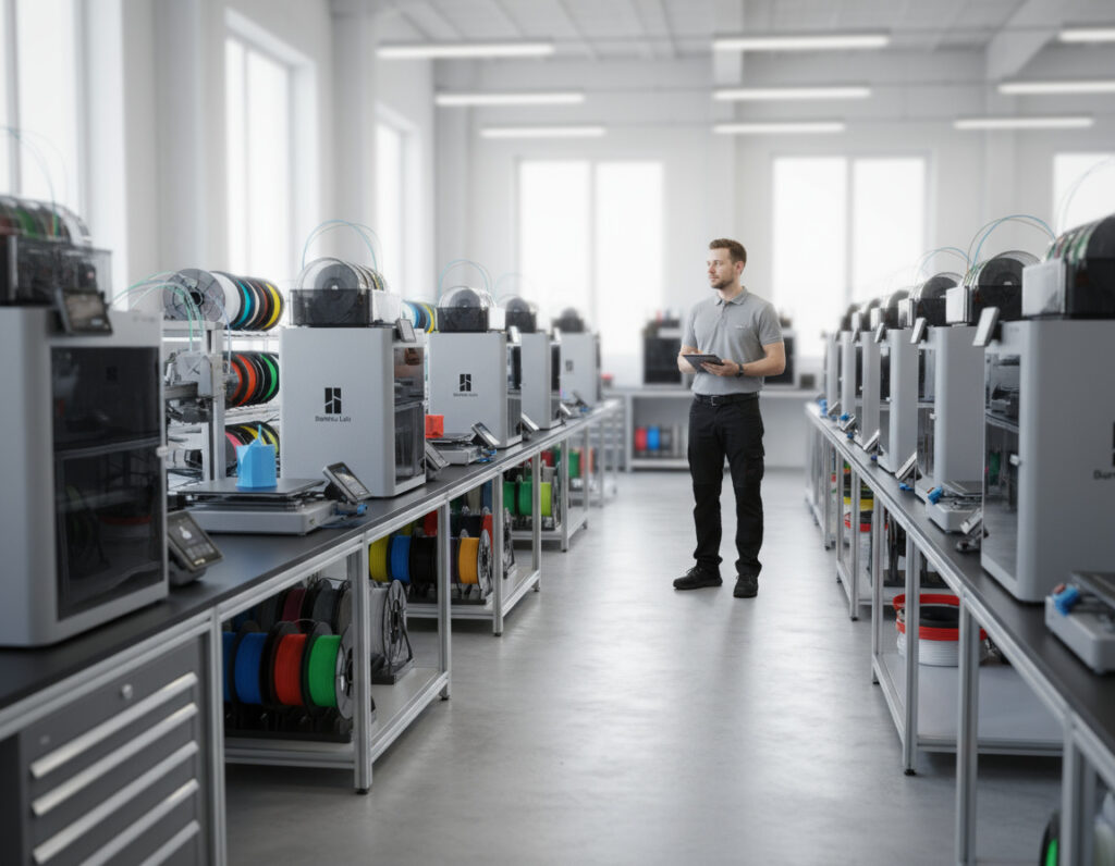 Ein Mann in grauem Poloshirt hält ein Tablet und steht in einer hellen Werkhalle zwischen zwei Reihen von Desktop‑3D‑Druckern, unter denen farbige Filamentrollen sichtbar gelagert sind.