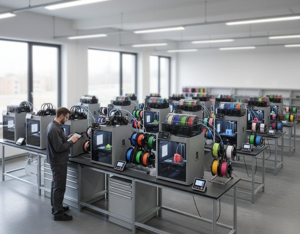 Ein Techniker mit Tablet steht in einem hellen, modernen Labor- oder Produktionsraum vor mehreren Reihen industrieller 3D-Drucker, an denen bunte Filamentspulen hängen und verschiedene Objekte gedruckt werden.