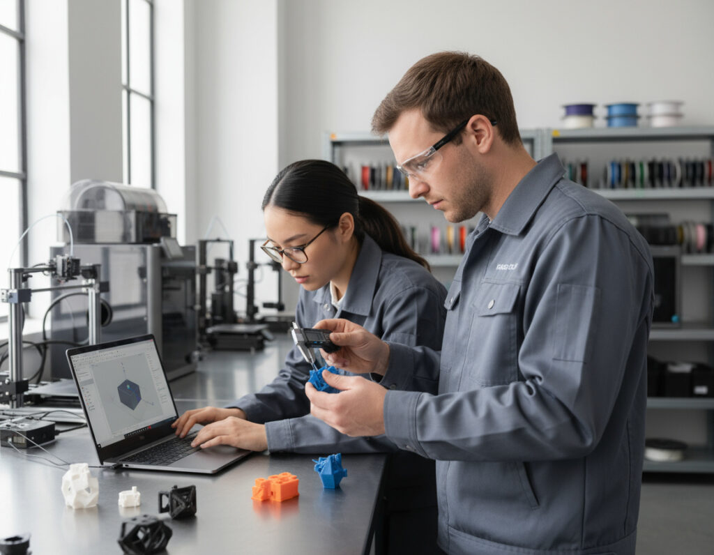 Zwei Ingenieur:innen in grauen Arbeitsjacken und Schutzbrillen prüfen an einem Werkstatttisch ein blaues 3D-gedrucktes Bauteil mit einer Messschieblehre, während eine Person ein CAD-Modell auf einem Laptop betrachtet; im Hintergrund stehen 3D-Drucker und Filamentrollen.