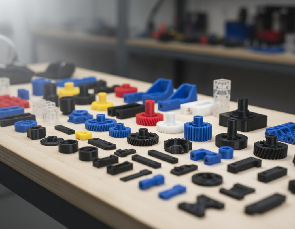Mehrere bunte 3D-gedruckte Zahnräder und kleine mechanische Bauteile in Blau, Schwarz, Rot, Gelb und Weiß ordentlich auf einer Holzplatte in einer Werkstatt angeordnet.