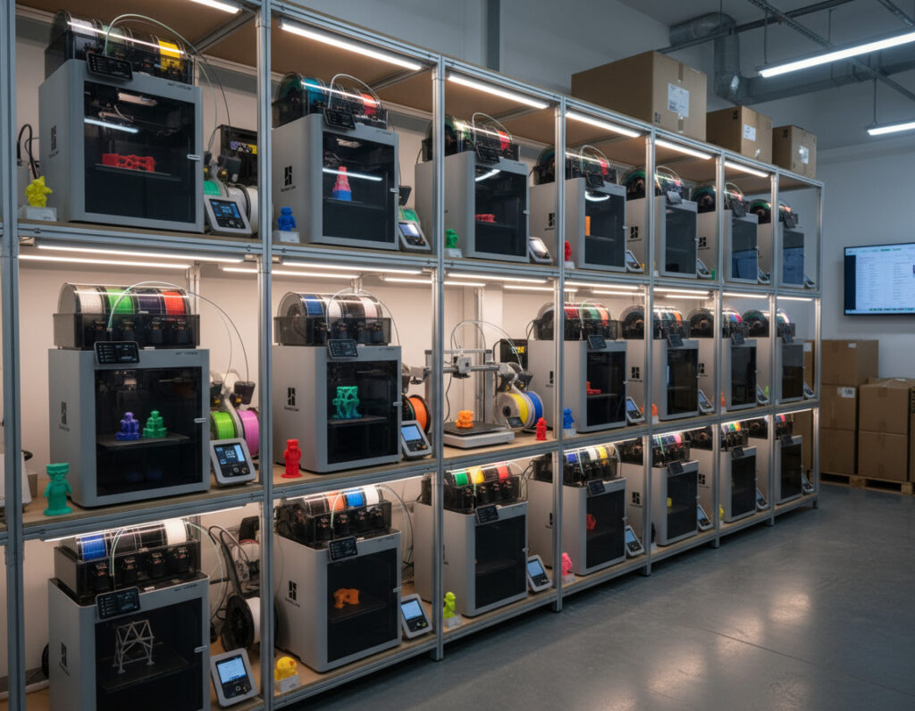 Metallregal mit drei Ebenen voller Desktop‑3D‑Drucker, die farbige Filamentspulen führen und bunte gedruckte Figuren auf den Druckbetten zeigen, in einem gut beleuchteten Produktionsraum mit Kartons und einem Wandmonitor im Hintergrund.