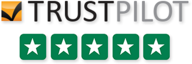 Trustpilot-Logo mit orange-schwarzem Icon und fünf grünen Bewertungssternen.
