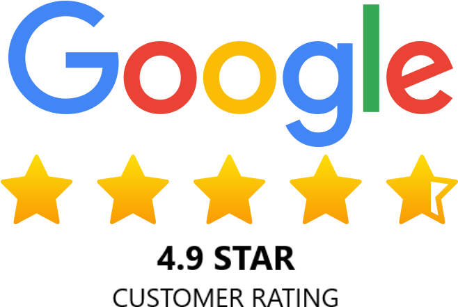 Google-Logo über einer Fünf-Sterne-Bewertung mit vier vollen goldenen Sternen und einem halb ausgefüllten fünften.