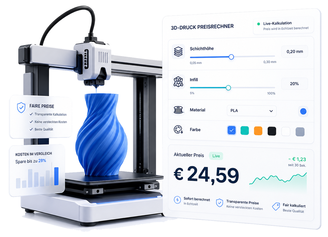 http://3D-Drucker%20mit%20blau%20gedruckter%20Vase%20und%20Live-Preiskalkulation%20im%20Bildschirm%20„3D-Druck%20Preisrechner“